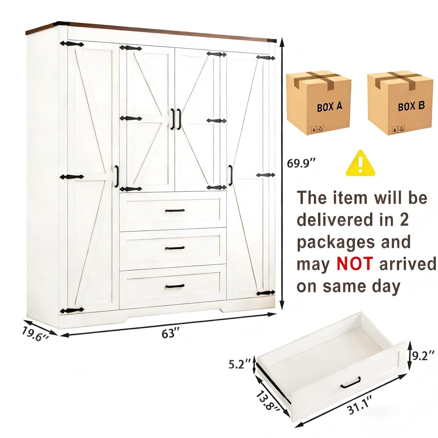 CayugaCrekrd 70" Tall Armoire Wardrobe Closet with 4 Doors & 3 Drawers, Farmhouse Bedroom Storage Cabinet with Hanging Rod, Freestanding Wooden Armoire Wardrobe Closet, White