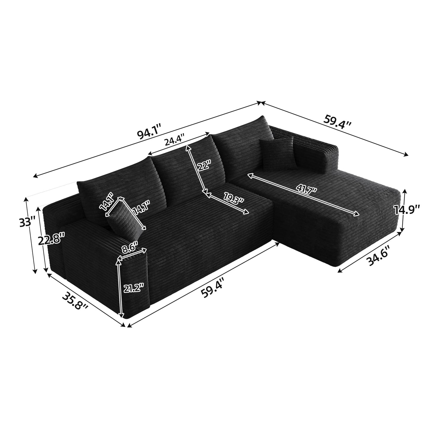 95" L Shaped Boneless Sectional Sofa Couch with Chaise Lounge, Minimalist Right Facing Compressed Cloud Modular Sectional Sofa Corner Couchfor Living Room,No Assembly Required