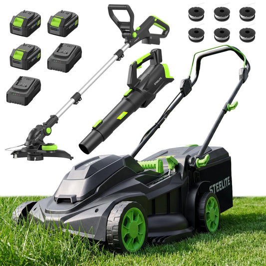 STEELITE 40V (2×20V) Cordless Lawn Care Combo Kit, 17-Inch Electric Lawn Mower, 12 Inch Weed Wacker & 500CFM Leaf Blower, Equipped with 3×4.0Ah Batteries and Dual Chargers