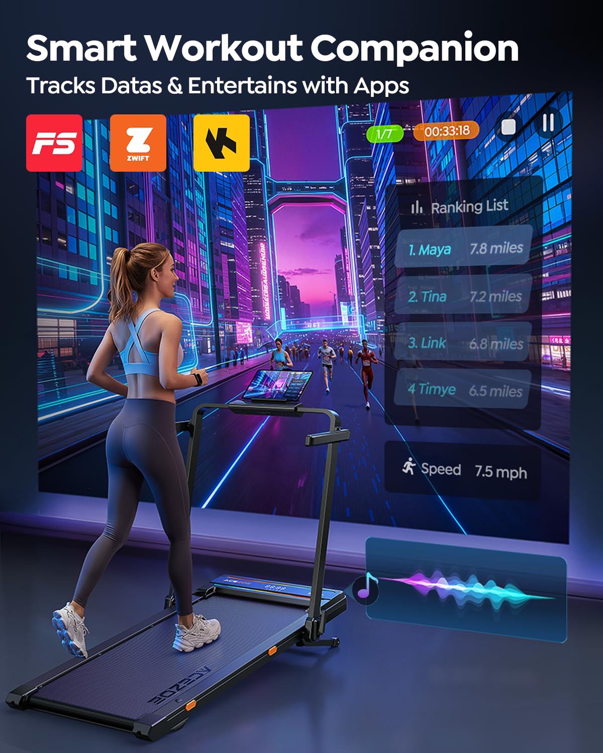 Foldable Walking Pad with 0-15% 9-Levels Auto Incline and Handle Bar, Under Desk Treadmill with 300LBS Weight Capacity, 3.0HP Quiet Treadmills for Home with Speaker, APP & Remote Control - Blue Orange
