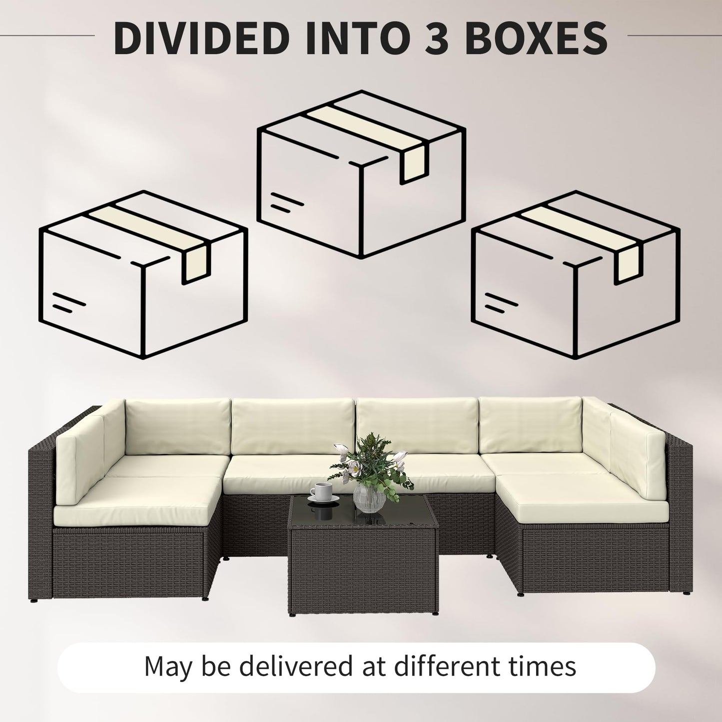 Outsunny 7 Piece Patio Furniture Set, Wicker Outdoor Sectional Sofa Set, All Weather PE Rattan Outdoor Furniture Conversation Sets with Cushions, Glass Top Coffee Table, Cream White