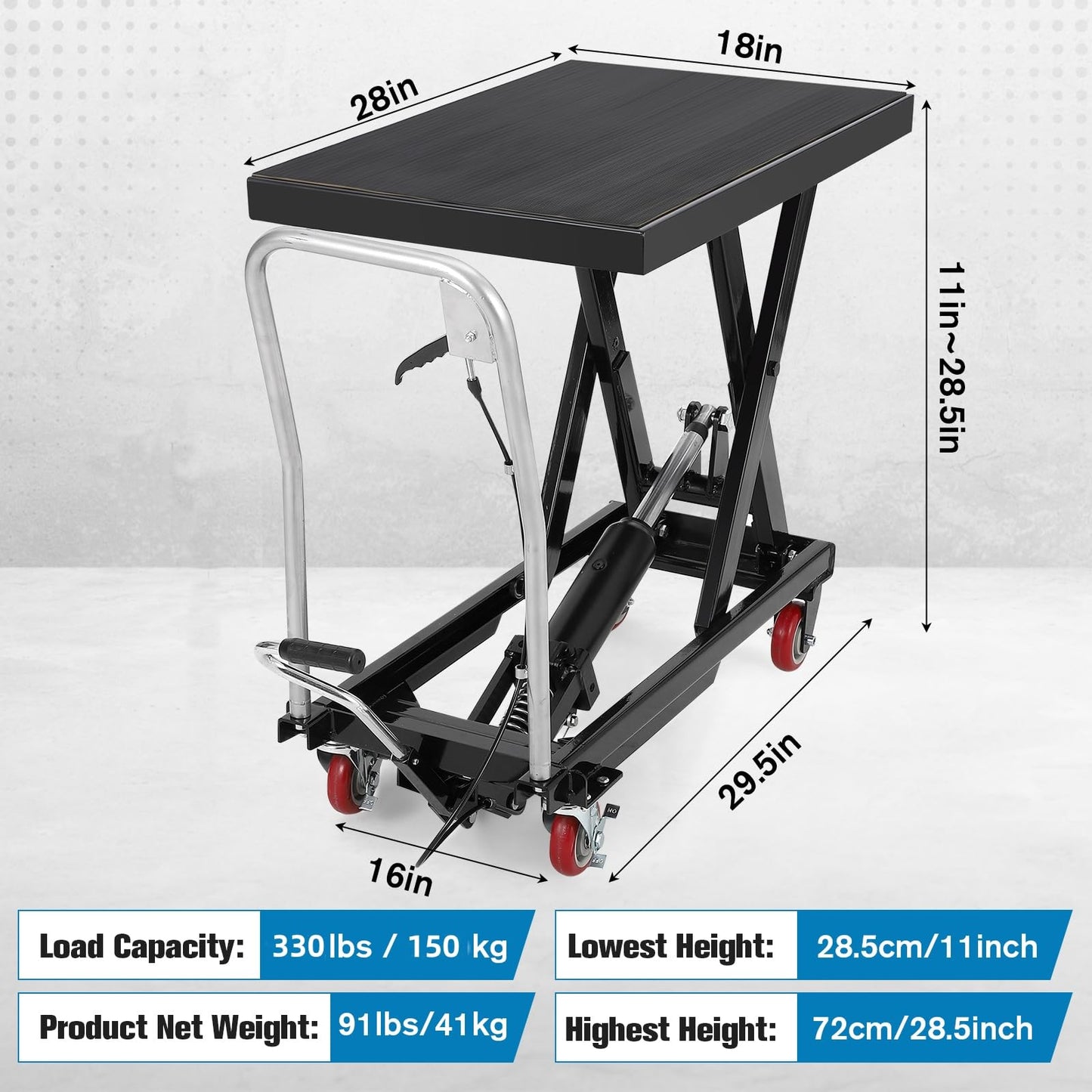 Hydraulic Lift Table Cart, 330 Lbs Capacity 28.5" Lifting Height Single Scissor Lift Table with Anti-Slip Pad & 4 Wheels for Material Handling & Transportation in Warehouse, Workshop, Black
