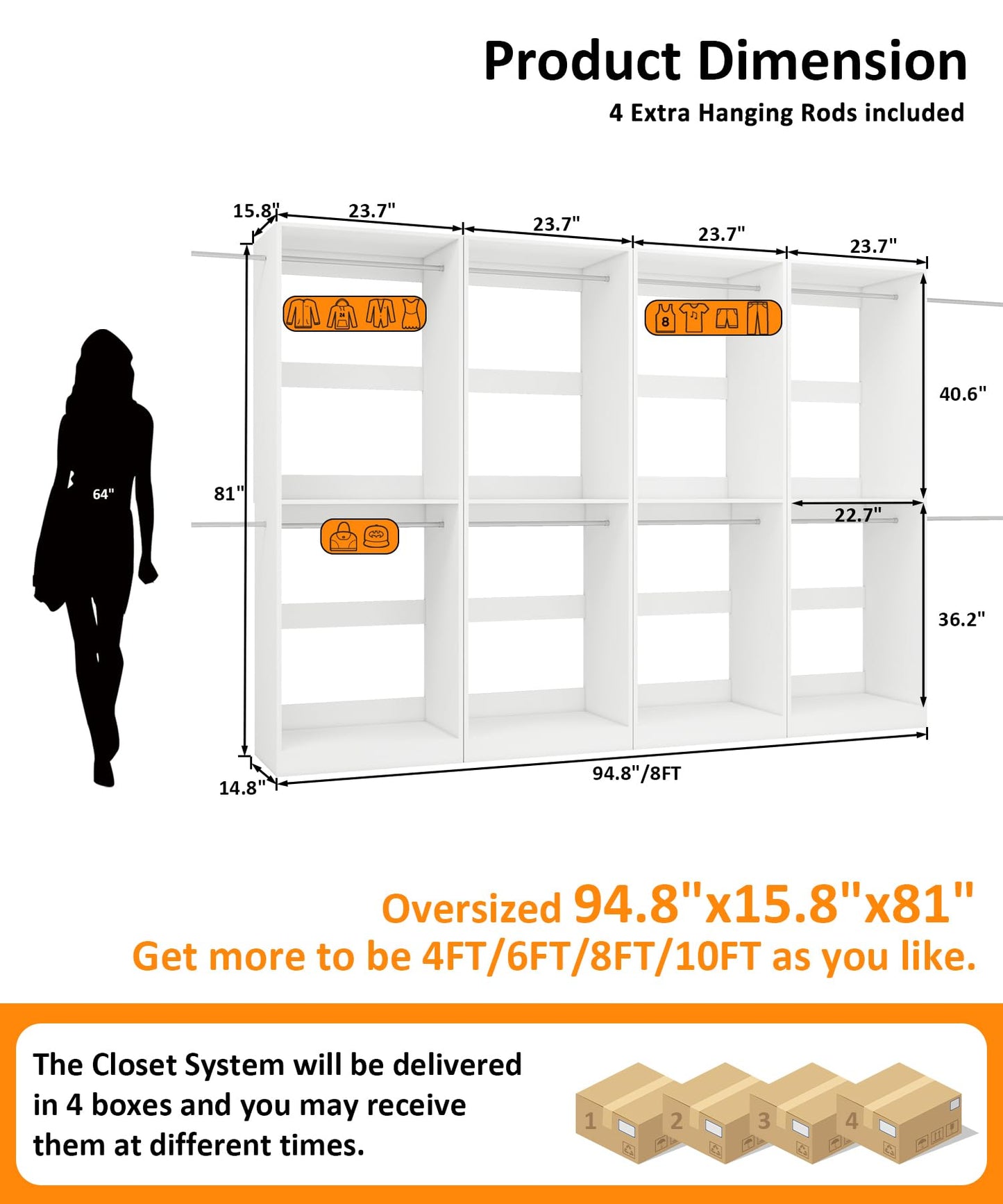 Closet System with 12 Hanging Rods& Shelves , 8FT Small Closet Organizer System Storage Wood with Extra Side Hanging Rod for Walk in Closet, Adjustable Modular Closet Systems Customize, White(8FT)