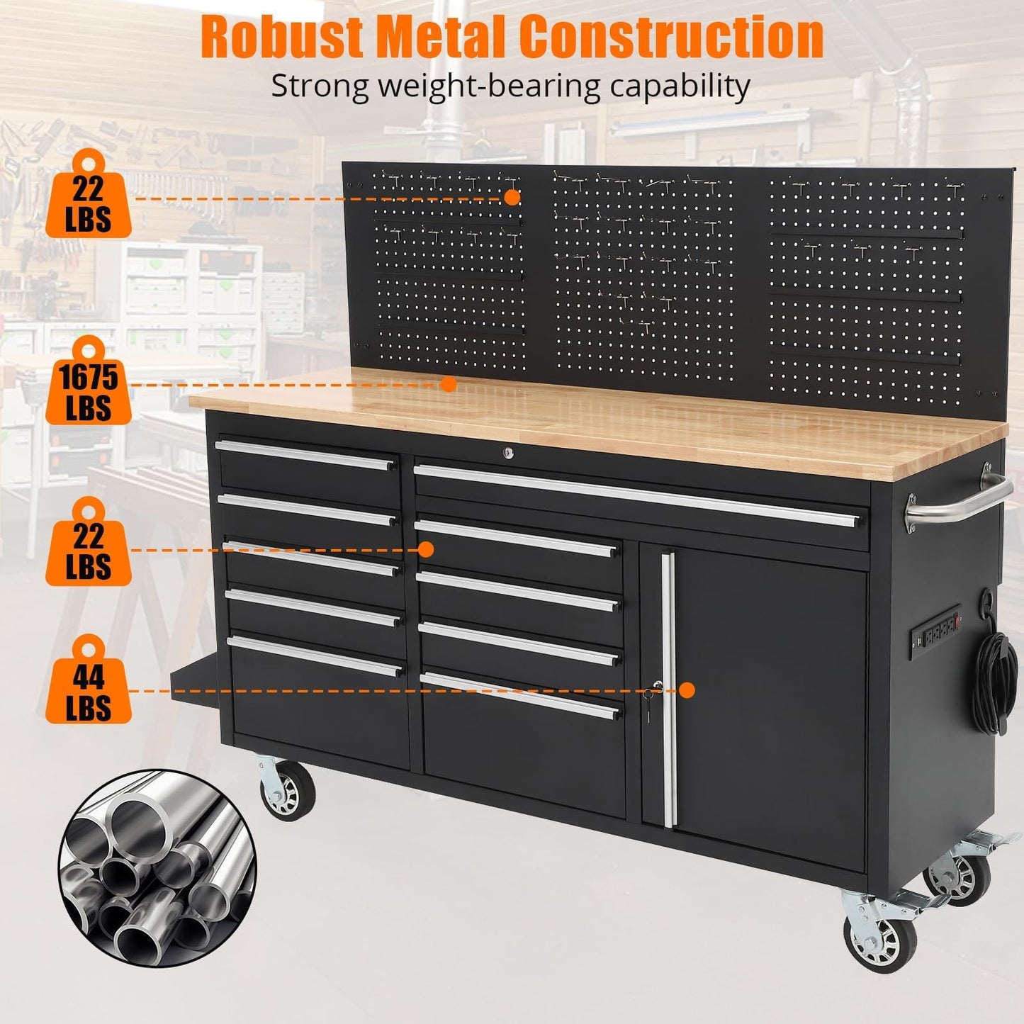 61-Inch Rolling Tool Chest with 10 Drawers & Power Strip, Solid Rubber Wood Top, 1675 LBS Load Heavy Duty Mobile Workstation, Locking System and Drawer Liners for Garage Warehouse Shop, Black