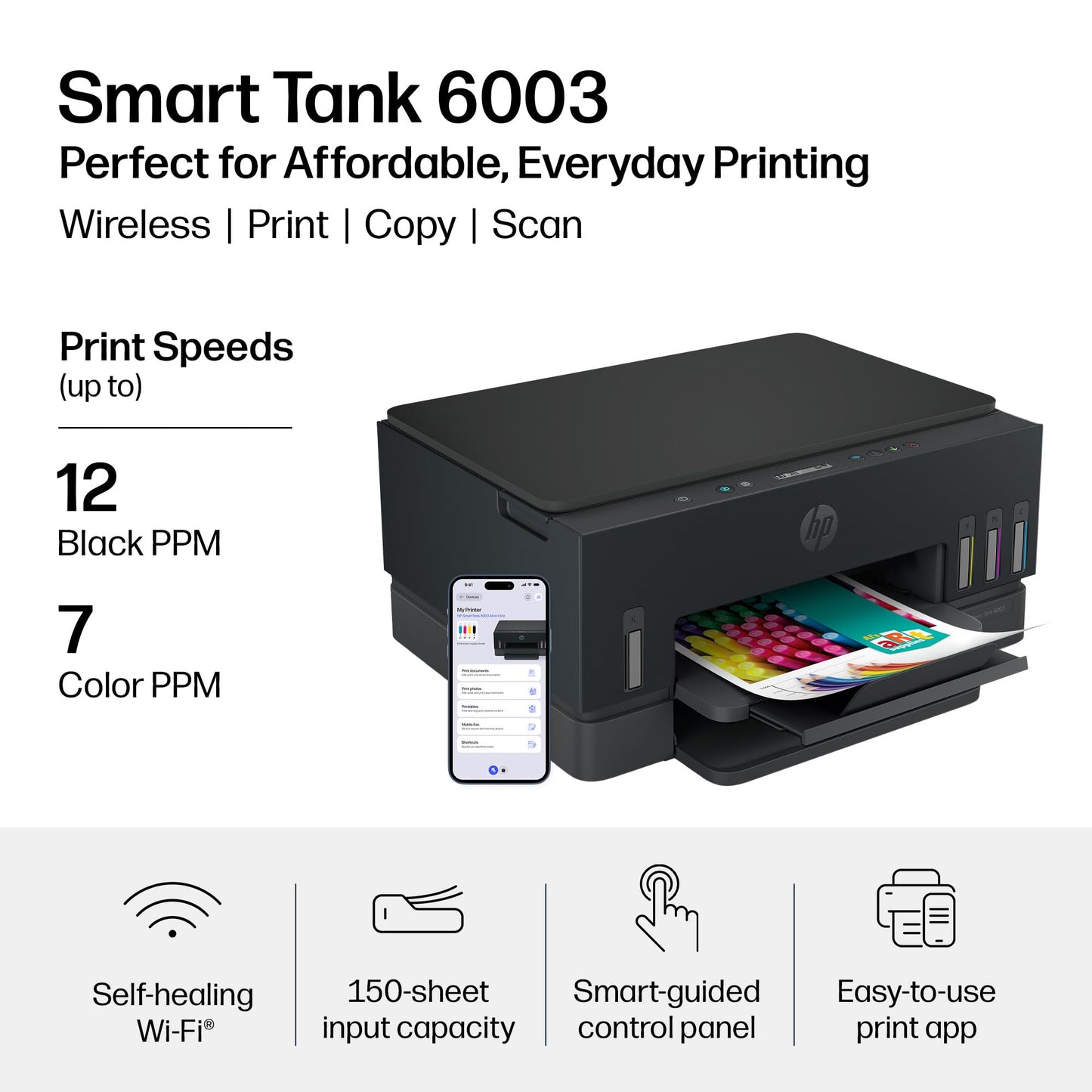 HP Smart Tank 6003 Wireless All-in-One Ink Tank Printer, Scanner, Copier with up to 3 Years of Ink Included, Best-for-Home, Cartridge-Free Refillable, AI-Capable (D35XXA)