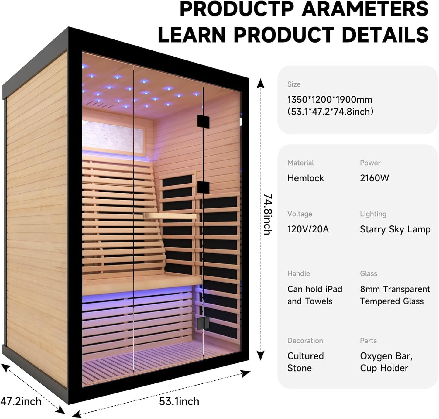 Infrared Sauna for 2 Person, Far Infrared Home Dry Sauna, Low EMF Canadian Hemlock Wood Sauna for Men Women Elder Indoor Use, Starry Starlight Ceiling, Fast Heating Easy Assembly 53.2×47.2×74.8"