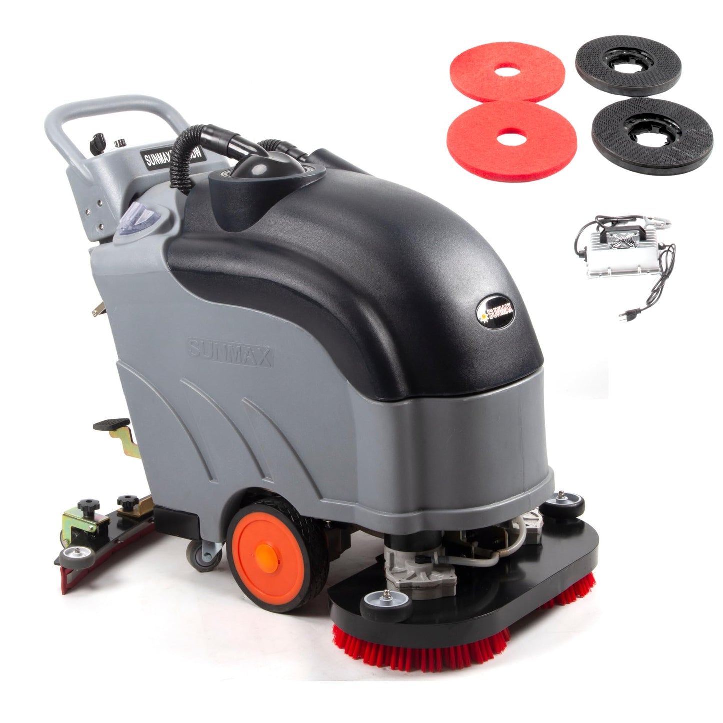SUNMAX 28" Commercial Floor Scrubber Machine, 14.5-gal Tank, Dual Brushes and Sourcing Pads, Self-Propelled Floor Cleaner with Traction Drive
