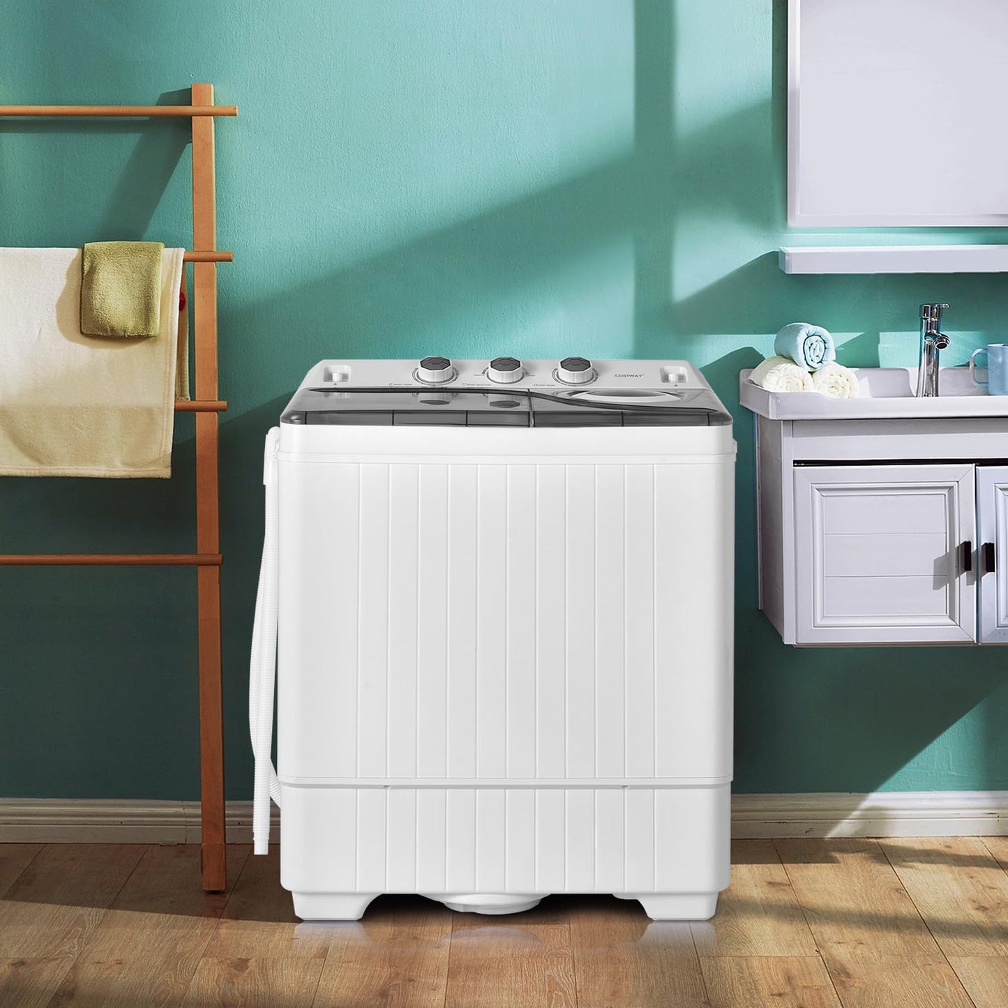 COSTWAY Portable Washing Machine, 2-in-1 Twin Tub 26lbs Capacity Laundry Washer(18lbs) and Spinner(8lbs) with Control Knobs, Timer Function, Drain Pump, Perfect for Home Apartment RV, Grey
