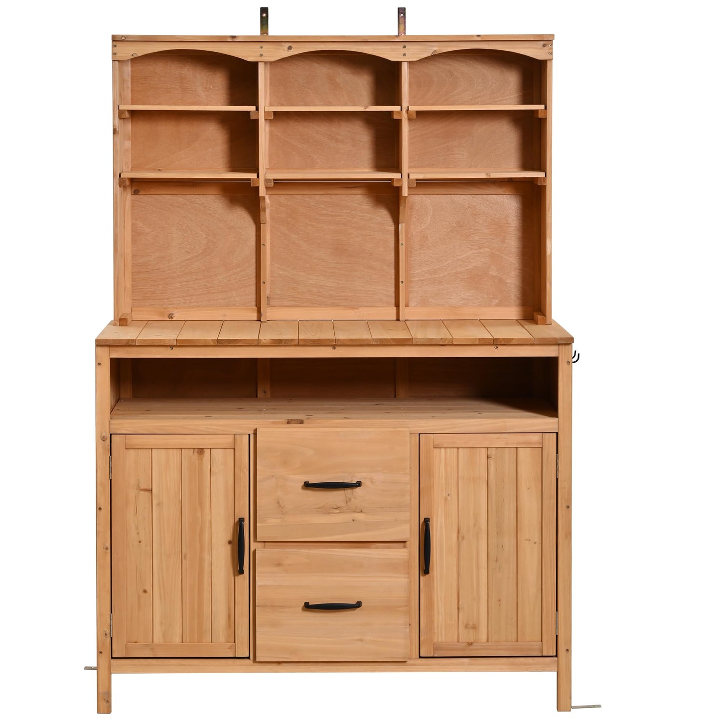 GDFStudio Junley Outdoor Storage Bench Table with Cabinet, Patio Wooden Potting Bench Plant Bench, Large Garden Storage Work Bench with Drawers, Cabinets, Hooks and Countertop, Kitchen Island, Natural