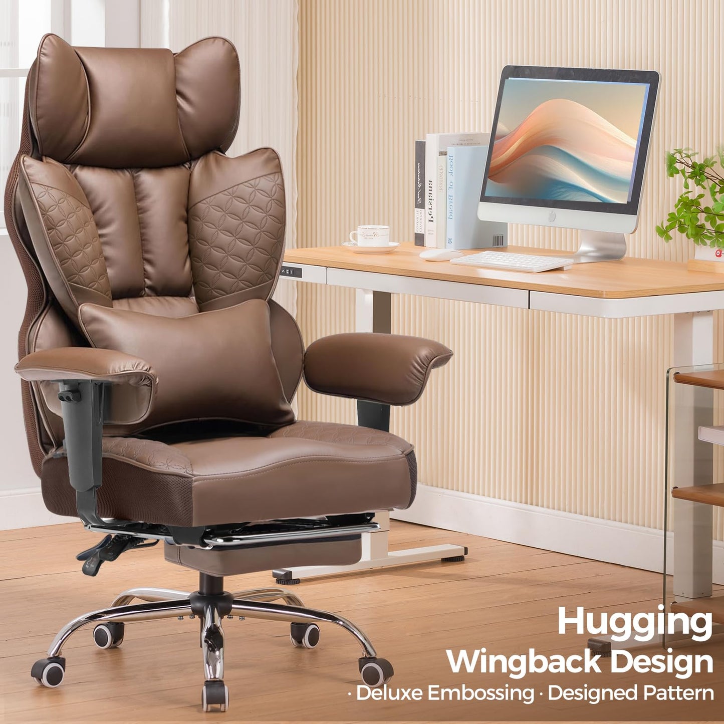 COMHOMA Big and Tall Office Chair Heavy Duty Wide Ergonomic Gaming Chair with Deluxe Embossing Designed Leather with Foot Rest,150°Reclining Adjustable Armrests Pocket Spring Back Support and Pillow