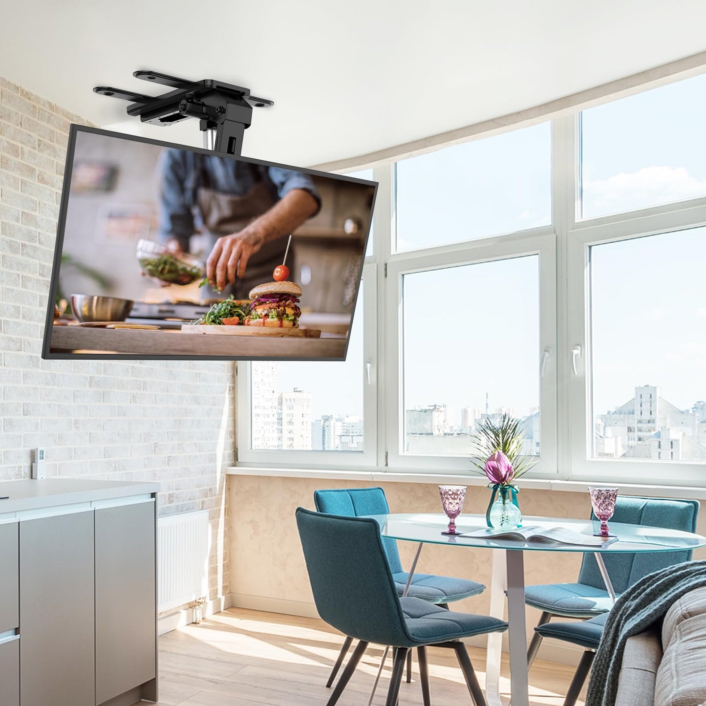 WALI Motorized Ceiling TV Mount Flip Down for 37-75” Flat Curved TVs, Electric Ceiling Mount TV Bracket with Remote, Fits Flat & Pitched Ceiling, Up to 99 Lbs, Mounting Holes 600x400mm(FCM604A), Black
