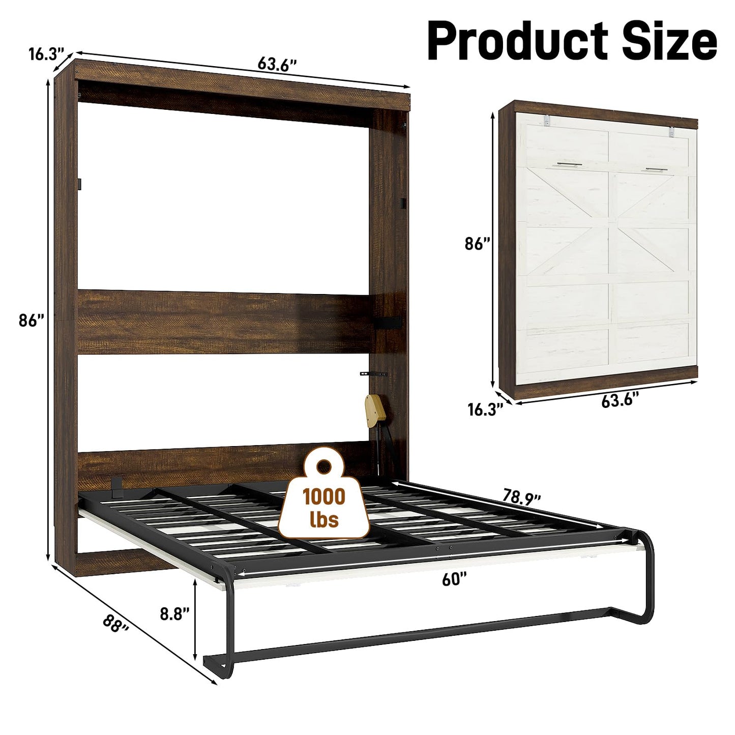 Hlivelood Queen Size Murphy Bed with 2 LED Lights, Farmhouse Wood Hidden Foldable Wall Bed Frame w/Gas Struts, Storage Bed Cabinet for Bedroom, Office, Space-Saving, No Box Spring Needed, Rustic White