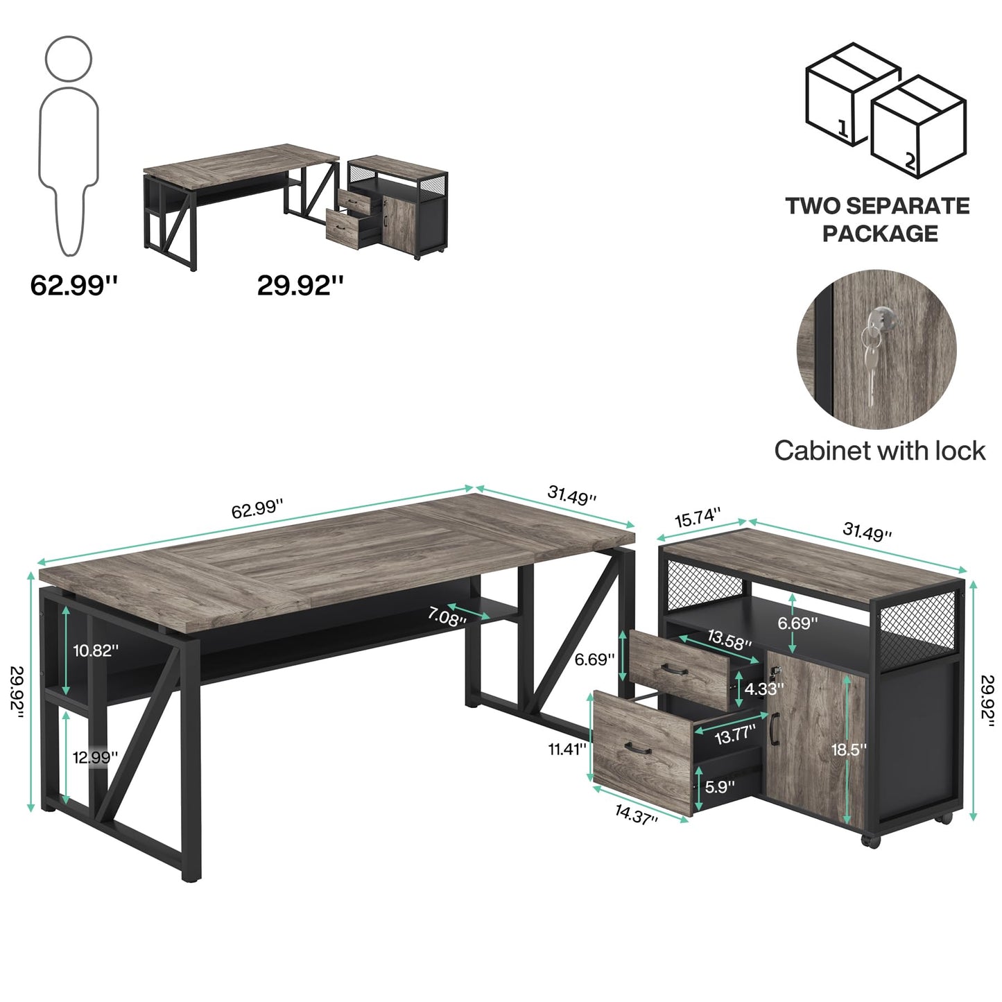 Tribesigns L Shaped Desk with Drawer Cabinet, 63" Executive Computer Desk and lateral File Cabinet, 2 Piece Home Office Furniture with Drawers for Hanging File, Doors with Locks (Gray, 63 inches)