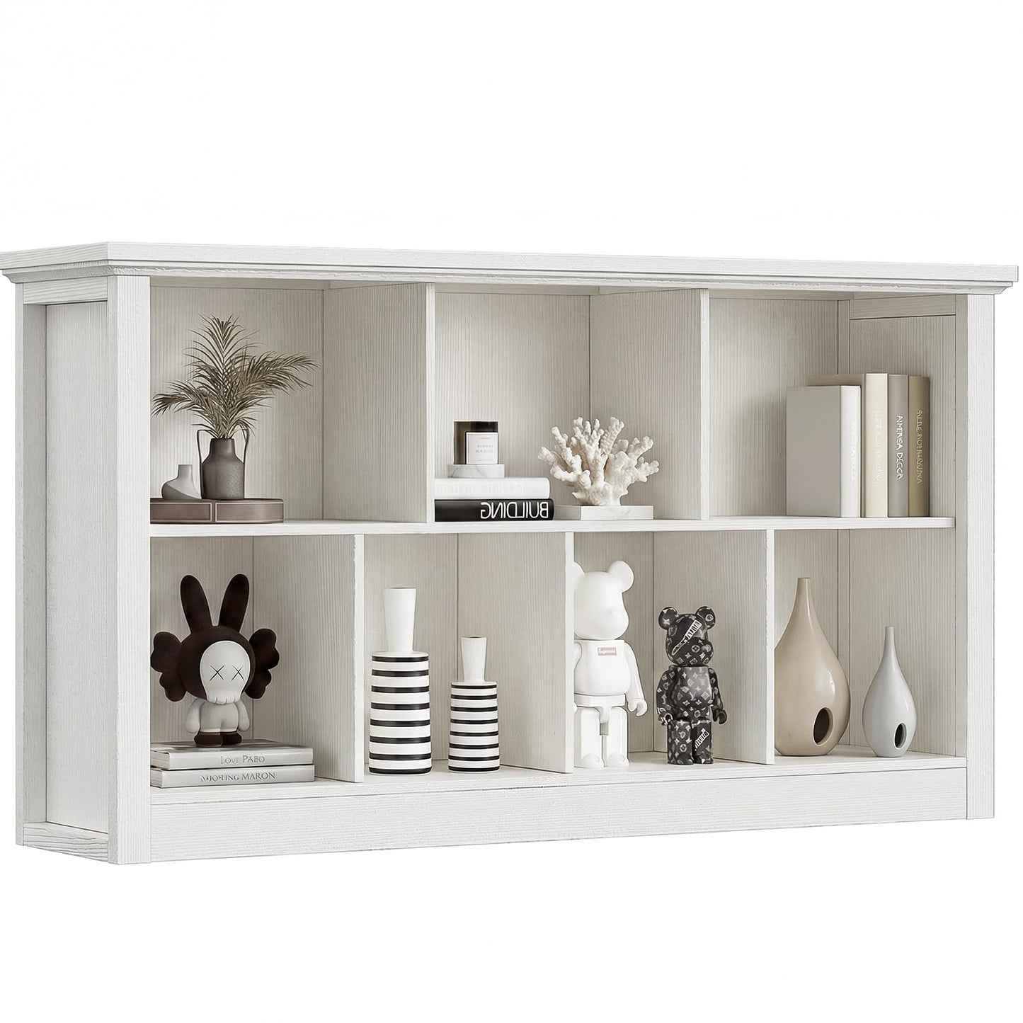 Unikito 7 Cube Storage Book Shelf - 47" Wide Wood Cube Storage Organizer, Wooden 2 Tiers Floor Standing Low Bookcase for Living Room, Bedroom, Home Office, Kids Room, Rustic White