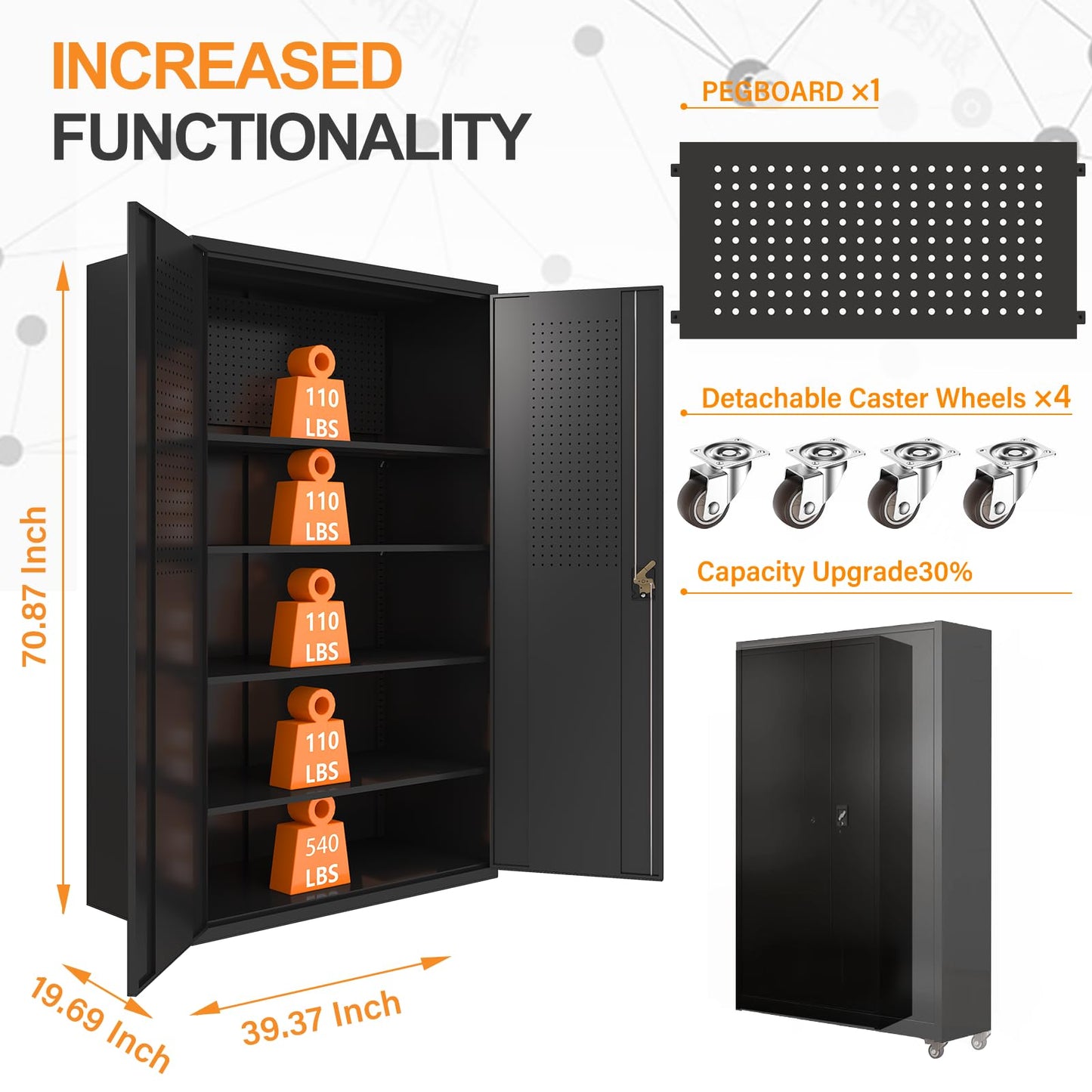 Fohufo Upgraded Wide Metal Storage Cabinet - 72 Inch Black Lockable Garage Cabinet with Wheels & 4 Adjustable Shelves | Heavy-Duty Steel Cabinet for Garage, Office, Pantry, Gym
