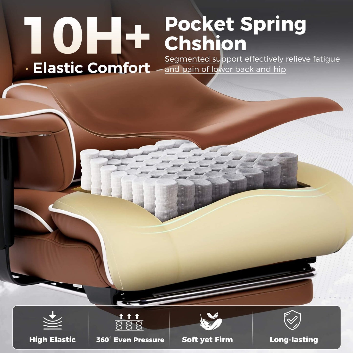 COMHOMA Big and Tall Office Chair 400lbs High Back Leather Executive Chair with Ergonomic Lumbar Support & Pocket Spring Cushion for Lower Back Pain Relief, Computer Gaming Chair with Foot Rest, Brown