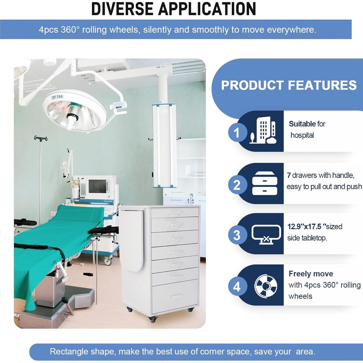 forimo Medical Dental Assistant's Mobile Cabinet Alabama Cart Utility Cart 7 Drawer W/Side Shelf. Professional Utility cart for Medical or Dental Instruments Storage.