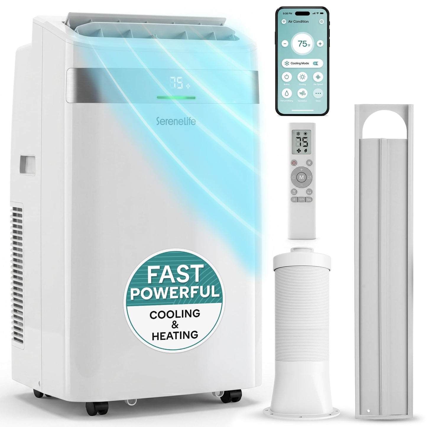 SereneLife Portable AC Unit and Heater, Adjustable Temperature with 12,000 BTU Cooling & Heating, Smart Wi-Fi Control, Dehumidifier & Fan Modes, Portable AC Units for Rooms with Window Mount Kit White