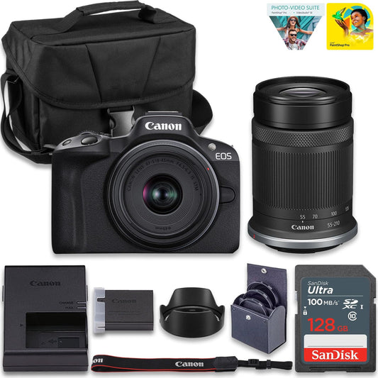Canon EOS R50 Mirrorless Camera with 18-45mm & 55-210mm RF-S Lenses | 24.2MP APS-C Sensor, Dual Pixel CMOS AF, 4K Video | Compact Hybrid Camera Kit with Shoulder Bag and 128GB Card