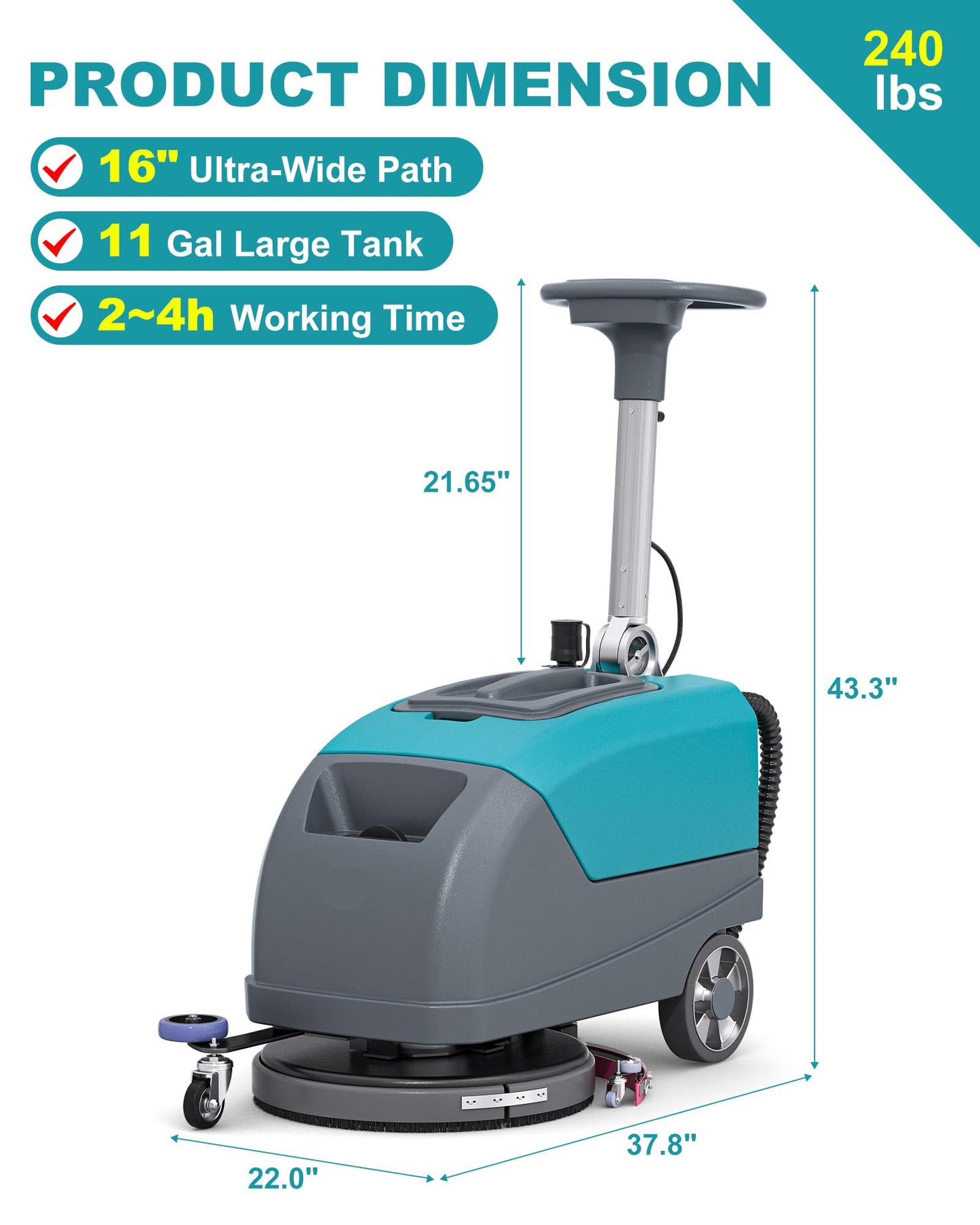 C5 16" Walk-Behind Commercial Floor Scrubber Machine, 500W Motor
