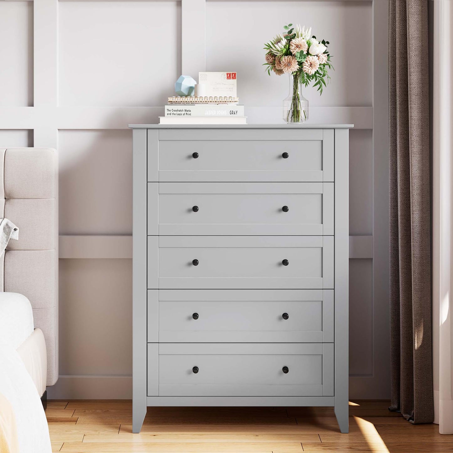 Garvee 5 Drawer Dresser for Bedroom, Modern Tall Chest of Drawers with Metal Knobs, Wooden Clothes Storage Organizer for Closet, Nursery, Living Room, Apartment, Grey