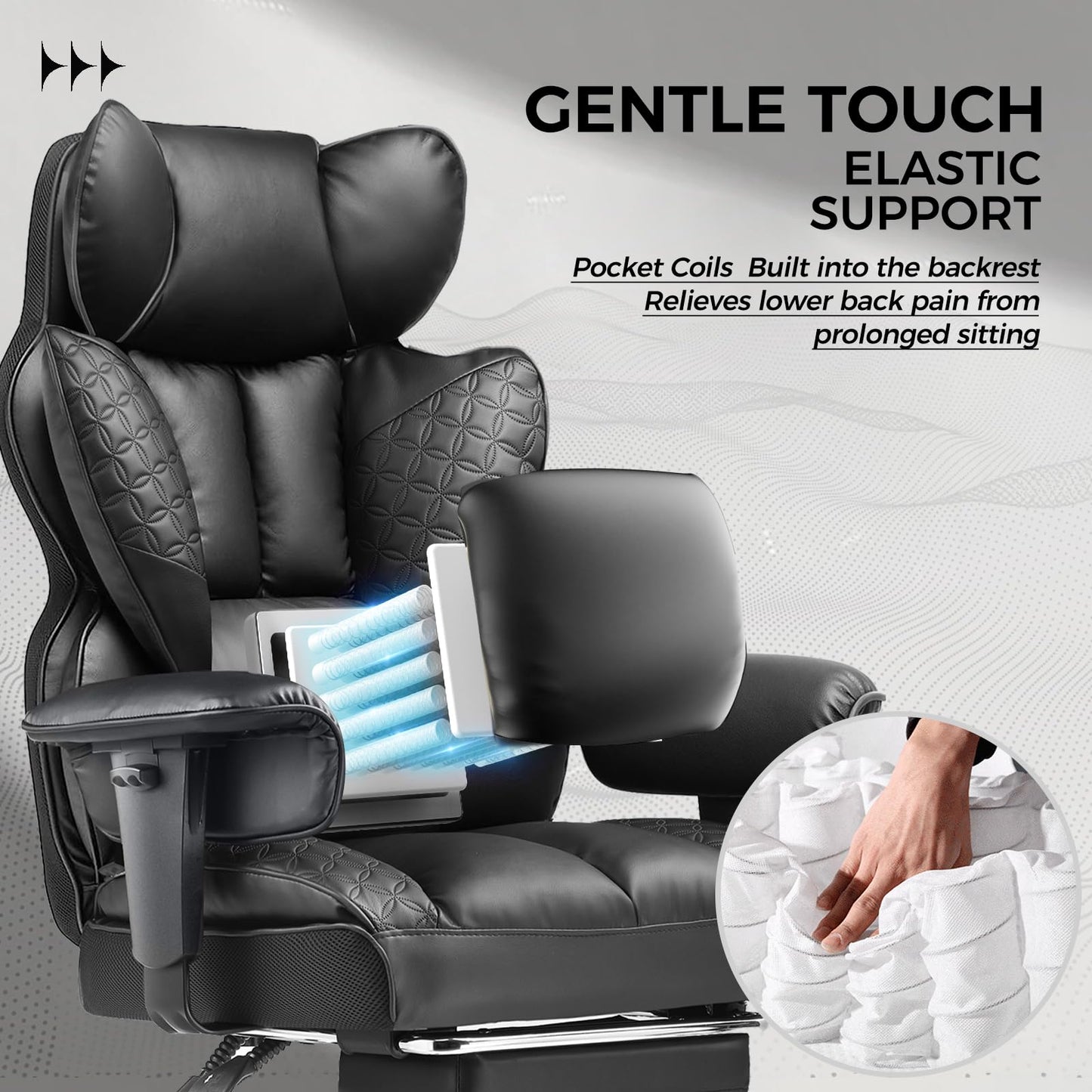 COMHOMA Big and Tall Office Chair Heavy Duty Wide Ergonomic Gaming Chair with Deluxe Embossing Leather with Foot Rest 150°Reclining Adjustable Armrests Pocket Spring Back Support and Without Pillow