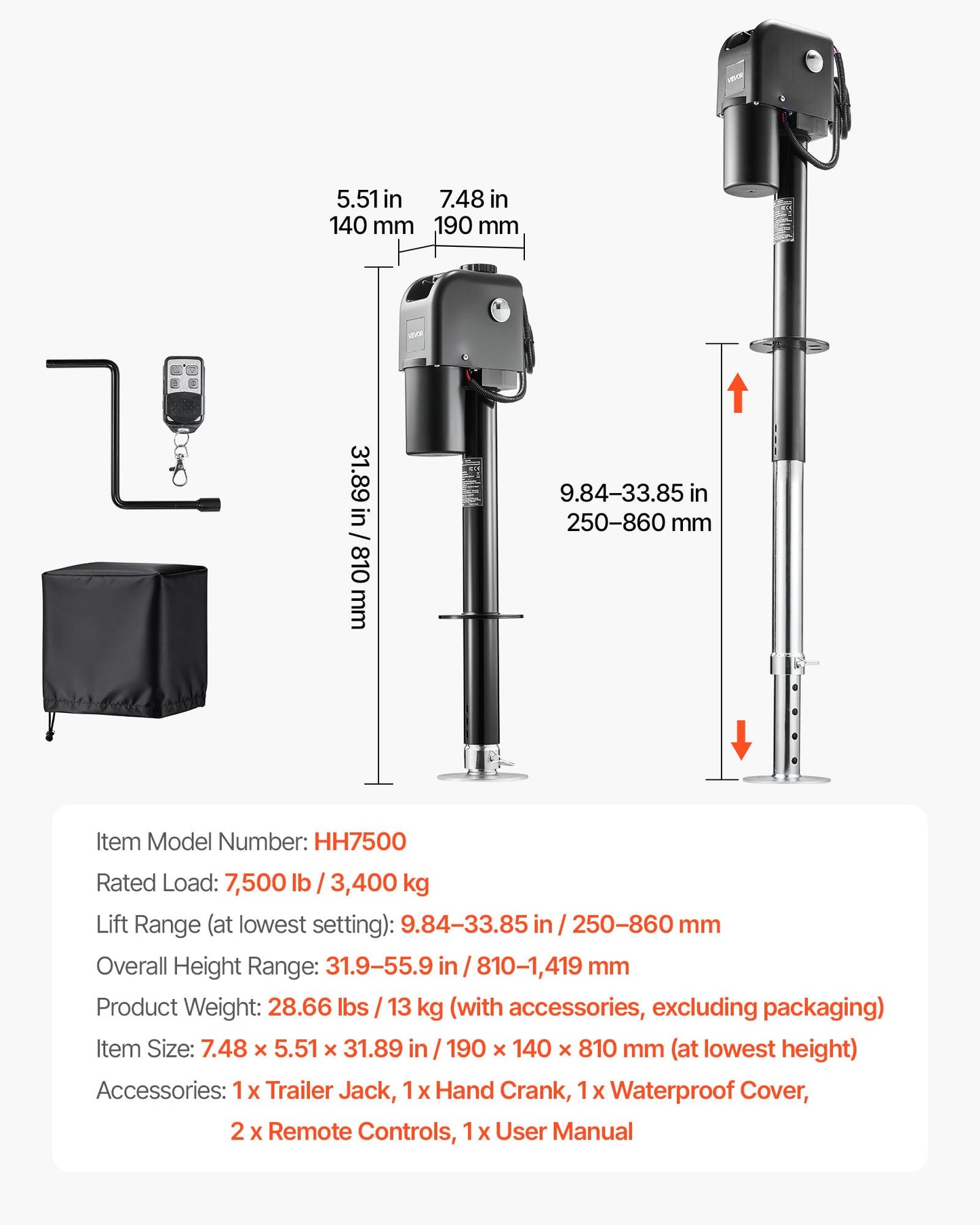 VEVOR Electric Trailer Jack, 7500 lbs Capacity, Electric Power Tongue Jack with Waterproof Protective Cover & LED Light for Travel Trailer, Camper, RV, 9.84-33.85 in Lift, 12V DC with Wiring, Black