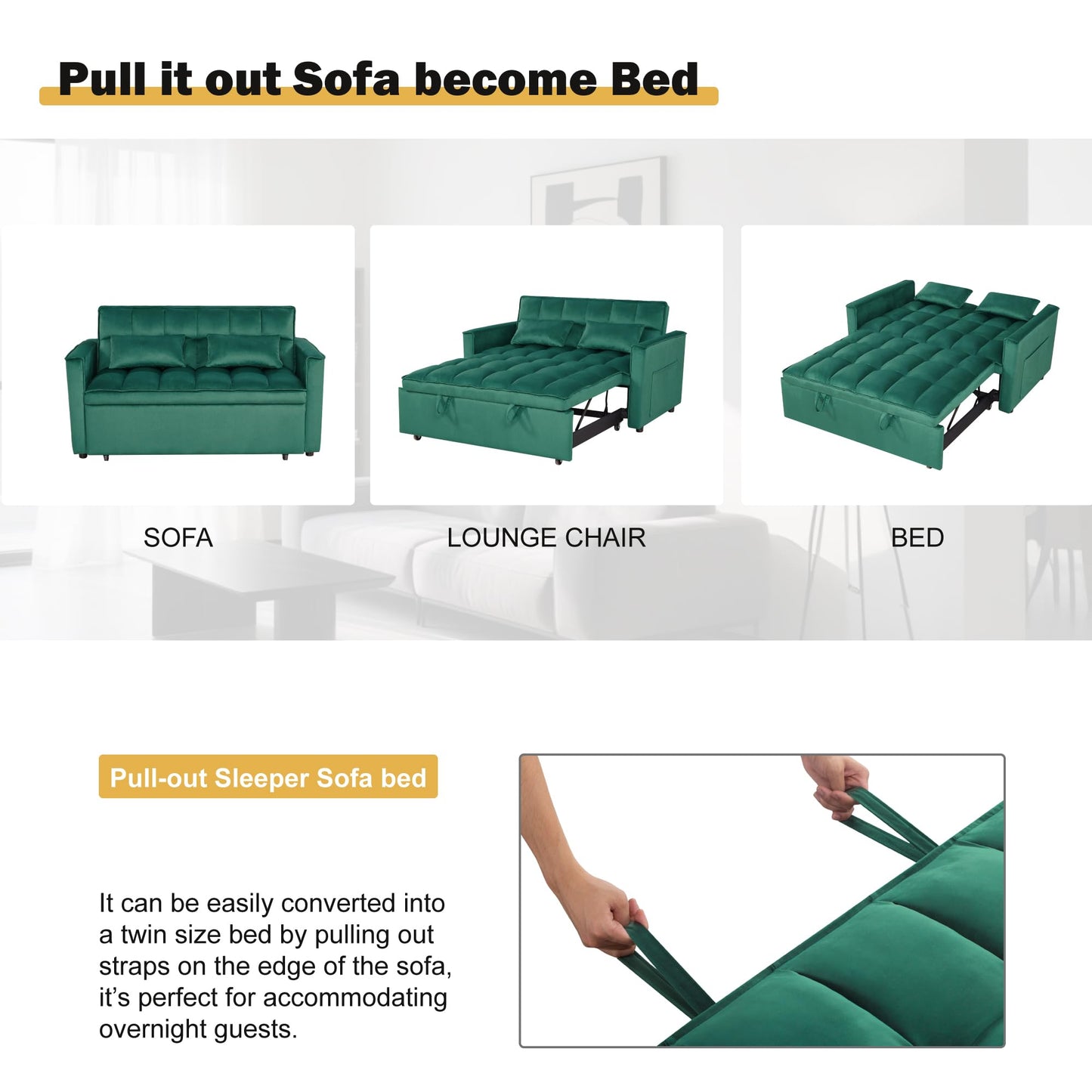 NicBex 3 in 1 Convertible Sofa Bed, Pull Out Couch Bed with Adjustable Backrest, Velvet Fabric Sleeper Sofa with Side Pocket, Loveseat Sleeper Sofa for Small Space, Living Room, Bedroom, Green