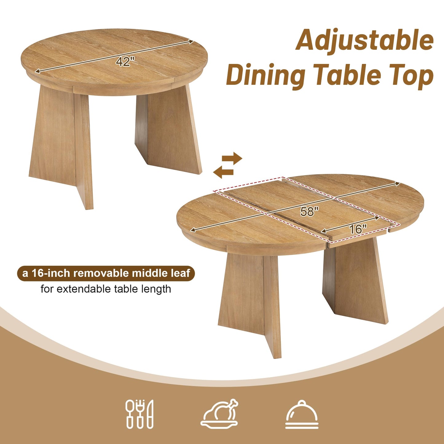 Merax Extendable Round Dining Table Set for 4, Wooden Construction with Upholstered Chairs with Rattan Backrests, Retro Style for Kitchen, Indoor Use, Natural