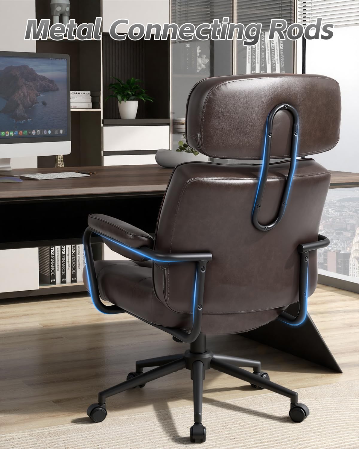 Mid Century Modern Home Office Desk Chair, Ergonomic Office Chair Big and Tall, High Back Executive Office Chair Leather Extra Wide, Computer Chair Comfy, Adjustable Height Rolling Chair, Chocolate