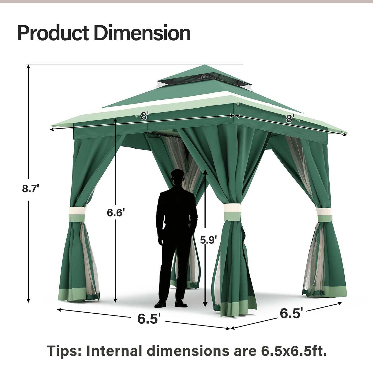 LAUSAINT HOME Patio Gazebo 8'x8', Outdoor Heavy Duty Party Tent Shelter with Double Roofs, Mosquito Nettings and Privacy Screens for Backyard, Garden, Lawn, Forest Green