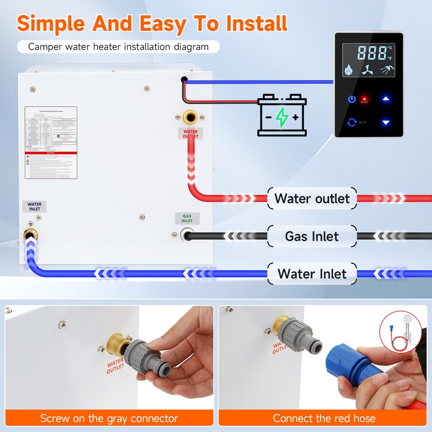 RV Tankless Water Heater, 61,000 BTU On Demand Instant Propane Gas RV Tankless Hot Water Heater with White Door and Remote, 3.9 GPM, 12V，Multi-Protection for RVers' Everyday Use