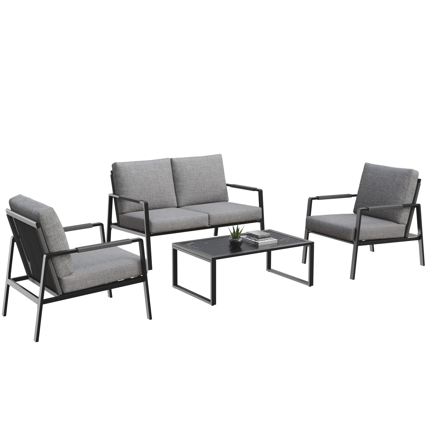 EAST OAK 4-Piece Patio Furniture Set, Outdoor Furniture Set with Thick Cushion,Waterproof Patio Conversation Set for 4, Woven Armrests Loverseat and Table for Backyard, Misty Grey