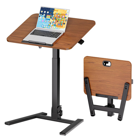 OUKMIC 25 Inch Mobile Foldable Standing Desk, 180 Degree Tiltable Portable Rolling Laptop Table, Height Adjustable Sit-Stand Desk with Wheels, No Assembly Computer Workstation for Home Office, Brown
