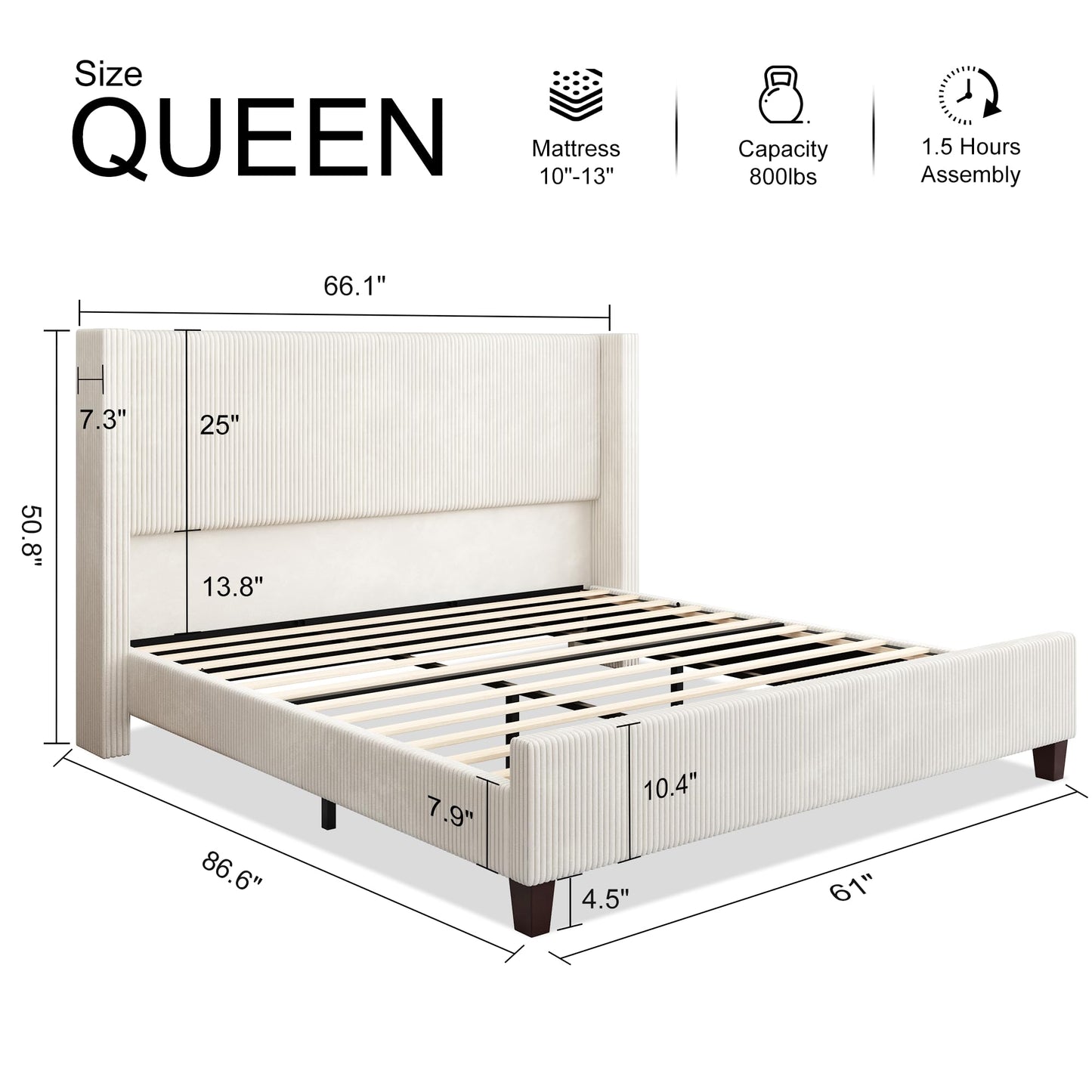 HOWE Queen Size Bed Frame with 50.8 Inch Corduroy Wingback Headboard, Cream