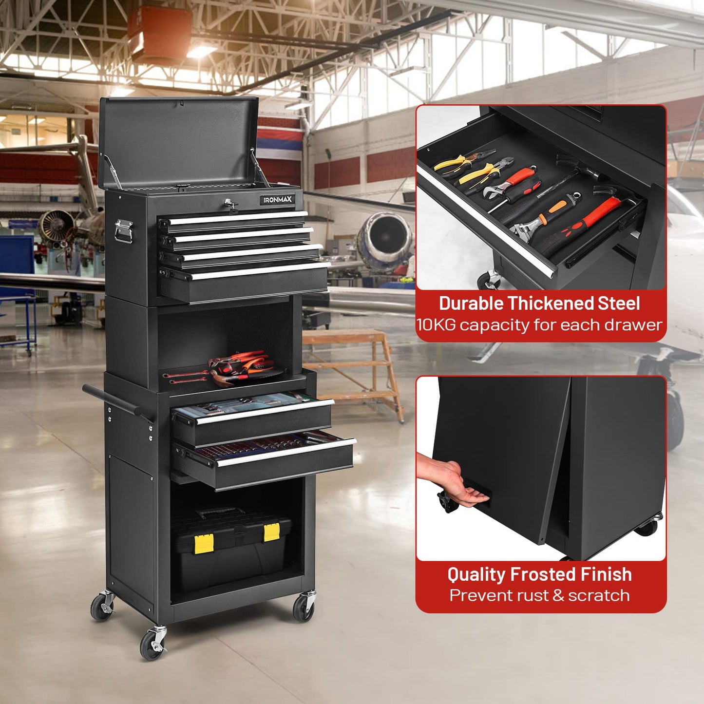 ERGOMASTER Rolling Tool Chest - Removable Top Box Large Bottom Cabinet with Casters and Lock System Tool-Box - Heighten 6-Drawer Black