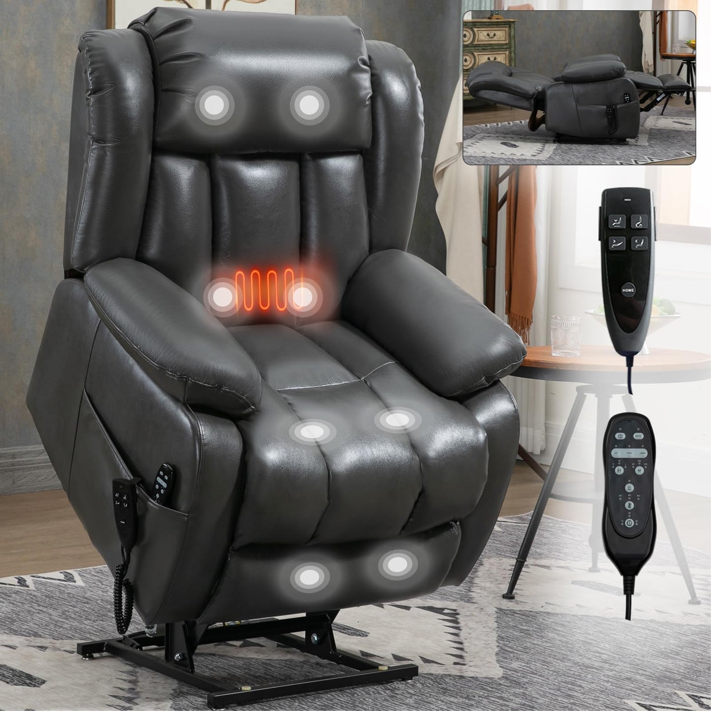 KEIKI Oversized Recliner Chair Electric Dual Motor Lift Leather Recliner for Elderly, Synthetic Leather Upholstery with Infinite Position and Back Massager with Heat, Rocking Lounge Chair, Grey