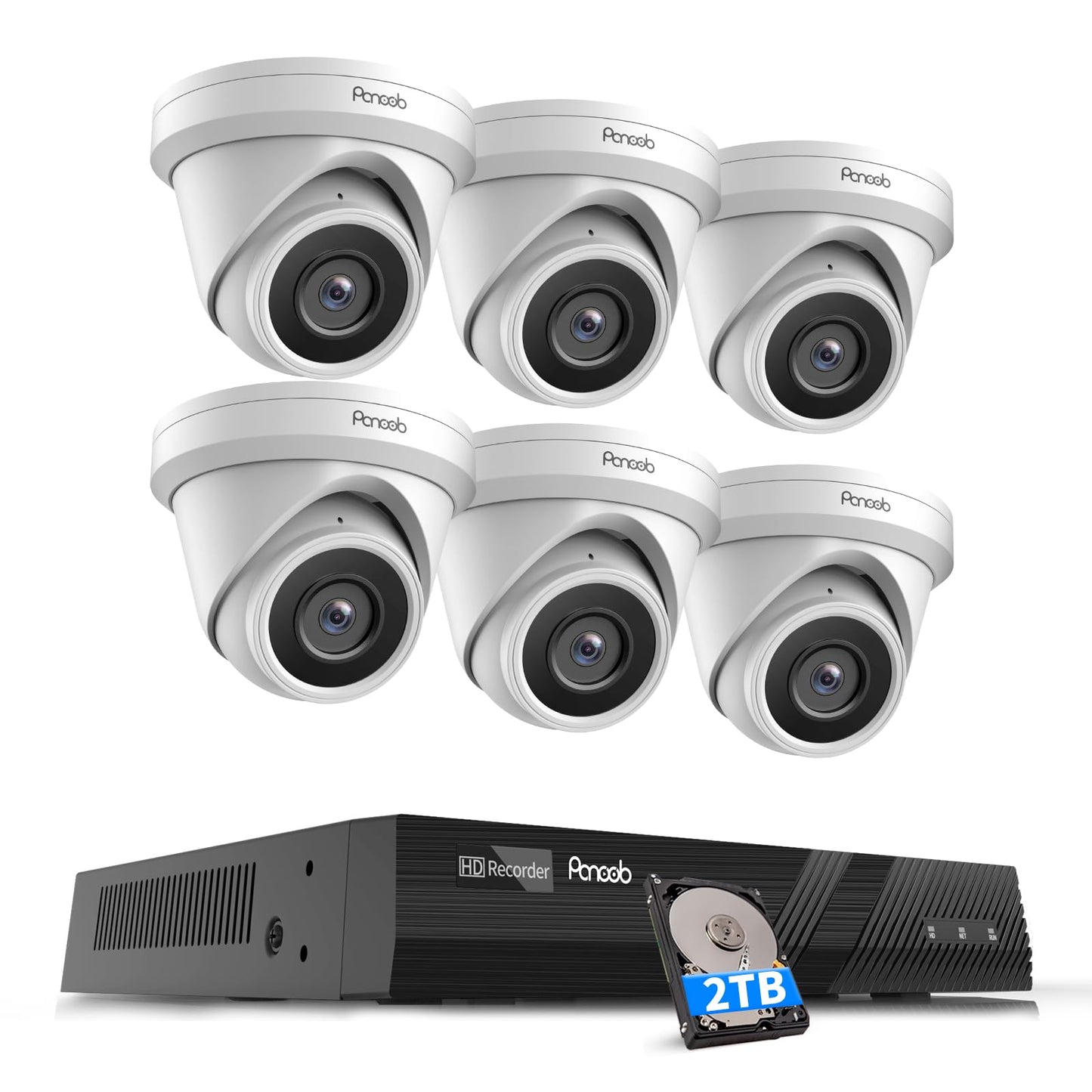 PANOOB NVR Security Camera System 8 Channel, 6X 5MP Wired Surveillance IP Dome Turret Camera with Person Detection for Home Security, 100ft IR Night Vision, 4K 8CH PoE NVR 2TB HDD, PD93A0608-5M