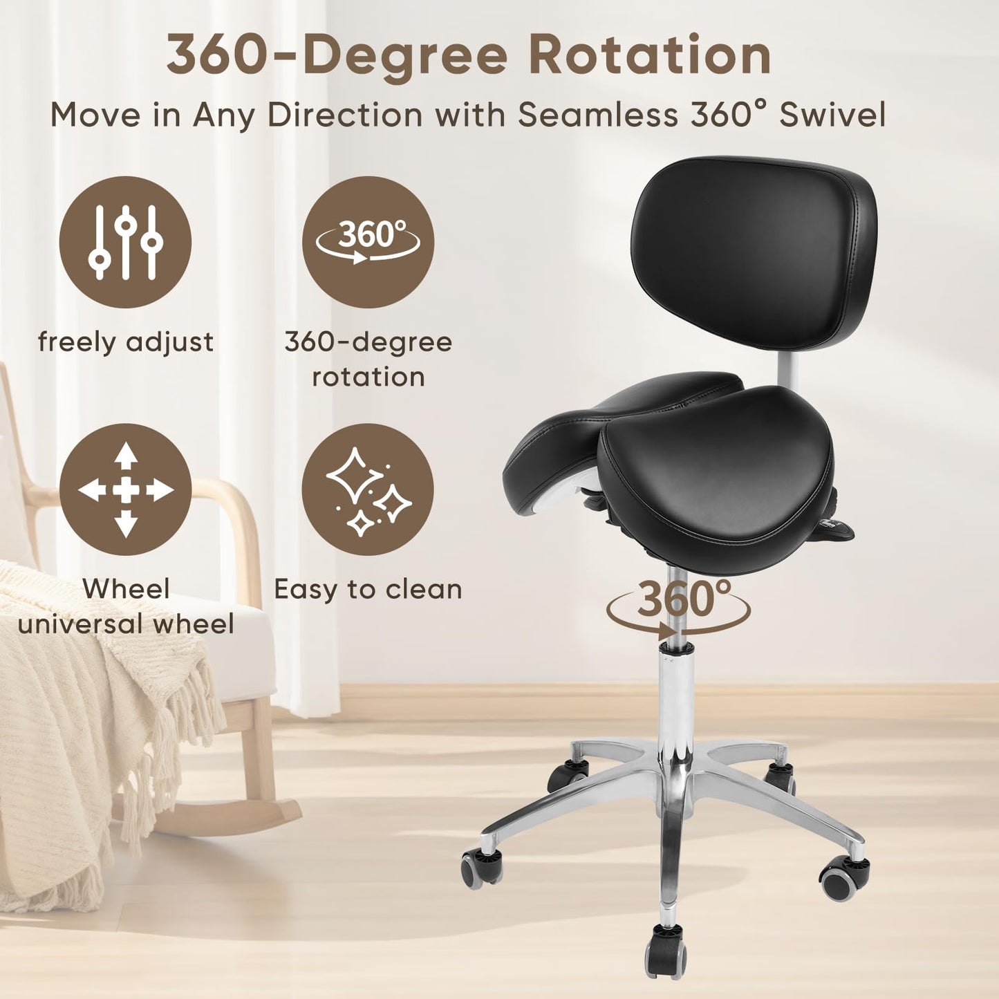 Ailyful Ergonomic Saddle Stool with Backrest, 485 lbs Capacity Rolling Stool, 12 Tilt, Adjustable Height Split Seat Stool, 360 Swivel Rolling Chair for Office, Salon, Massage, Dental, Tattoo