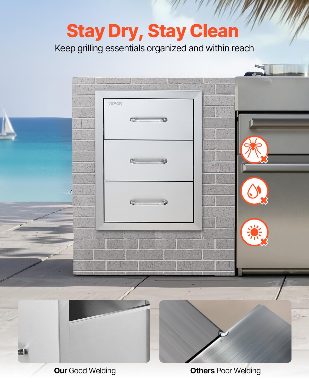 VEVOR Outdoor Kitchen Drawer 16" W x 21.5" H x 18" D, Outdoor Kitchen Cabinets, BBQ Drawer Stainless Steel, Flush Mount Triple Access, with Handle, BBQ Island, Outdoor Grill Patio Grill Station