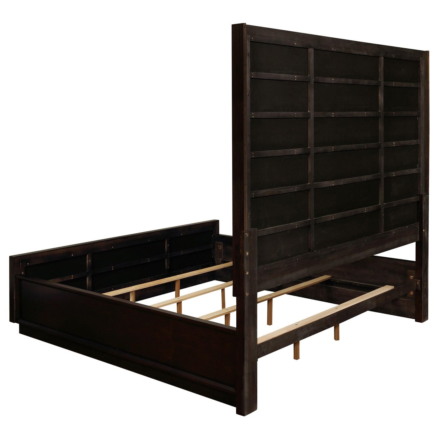 Pemberly Row Eastern King Upholstered Bed, Smoked Peppercorn Finish, Wood and Fabric Construction, Gray Upholstery, Vaulted Headboard, 80" H x 81" W x 86" D, Sturdy Modern Bedroom Furniture