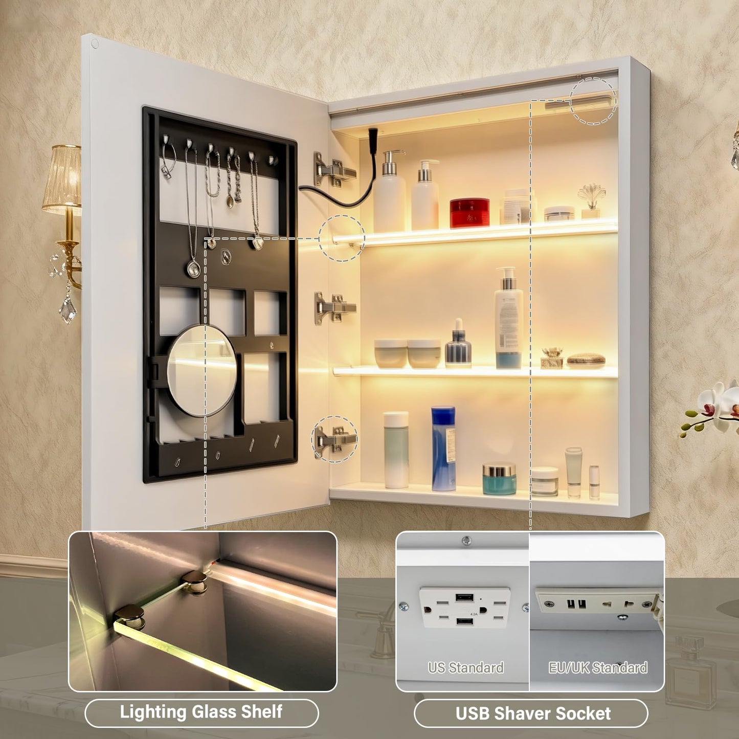 KAASUNES LED Medicine Cabinet with Light,Mirror Cabinet with Cosmetics Storage Rack,3X Magnifier Makeup Mirror,Lighting Glass Shelf,3 Colors&Dimmer,22×30inch,White