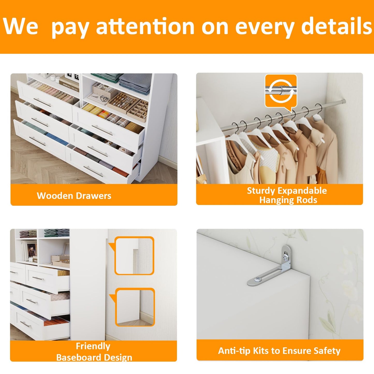 Secilix Closet System with 3 Wooden Drawers, 4.5-6FT Corner Closet Organizer System for Walk in Closet, Heavy Duty Modular Closet Systems, Built-in Shelving System with 5 Hanging Rods, 2-Piece Set