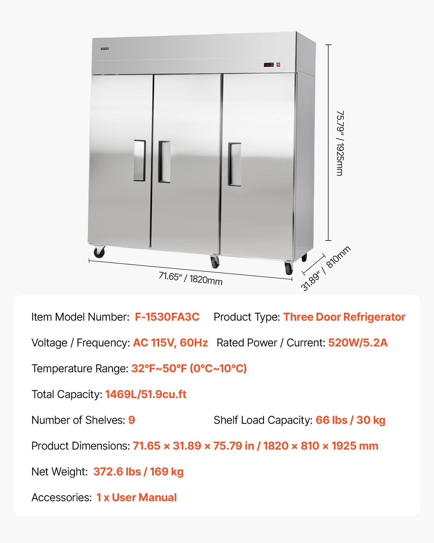 VEVOR Commercial Reach-In Refrigerator 72" W, 52 Cu.Ft Stainless Steel Upright Refrigerator with Three Doors, Auto-Defrost, 9 Adjustable Shelves, 32 to 50℉ Temp Control, UL Certified
