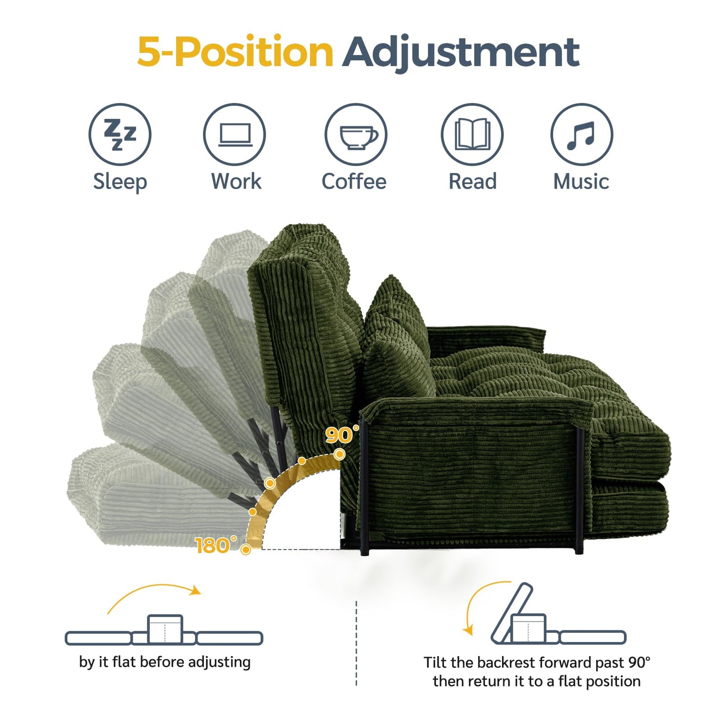 MAXYOYO Adjustable Floor Sofa Couch with 2 Pillows, Multi-Functional Bean Bag Bed, 5-Position Foldable Lazy Sofa Bed with Armrest, Versatile Floor Seating for Reading, Dark Green, Double