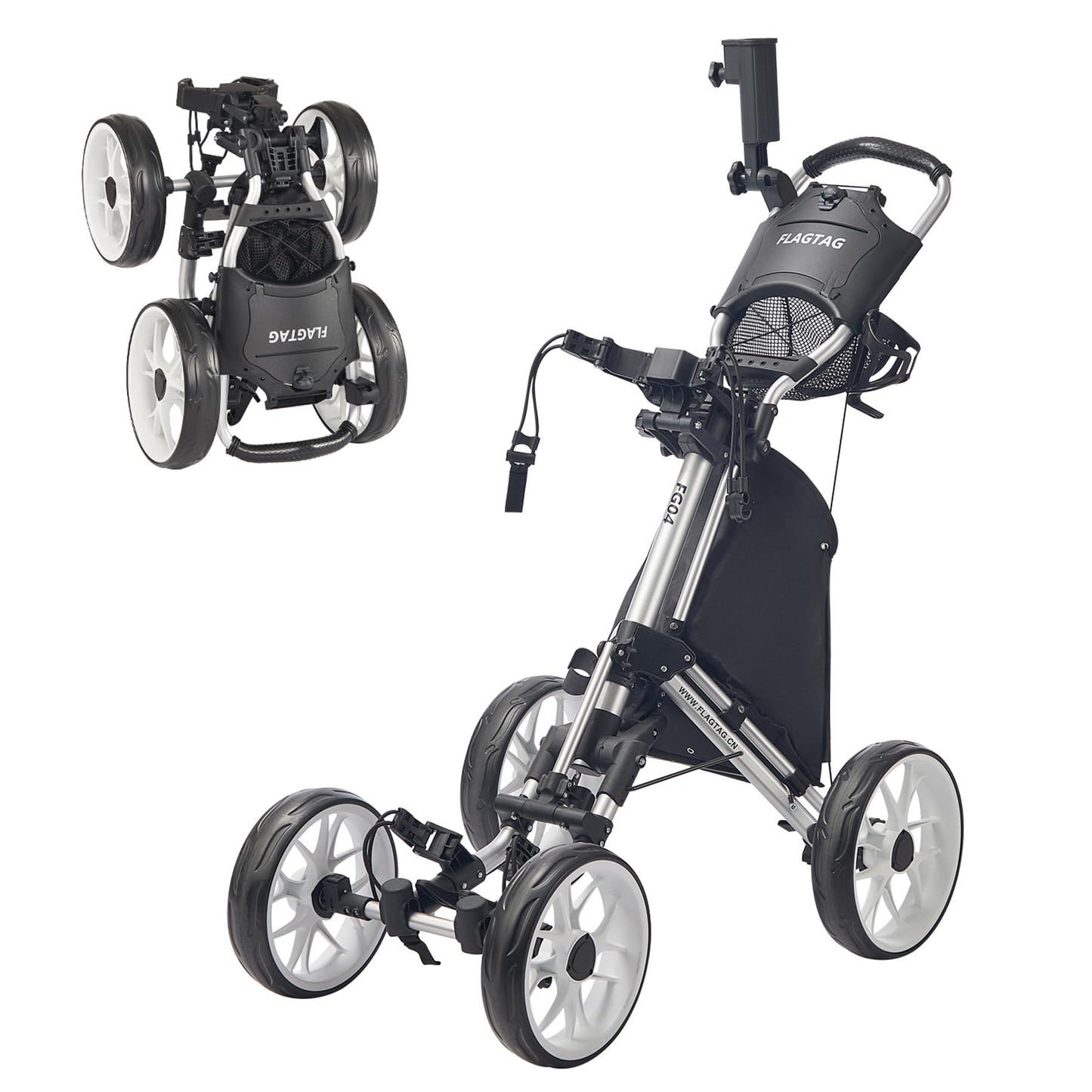 FLAGTAG Golf Push Cart 4-Wheels,Folding Golf Cart, Golf Pull cart with Cup Holder,Umbrella Holder,Cooler Bag, Foldable with one-Click,Handle Height Adjustable,Drink Holder,Walking Push cart