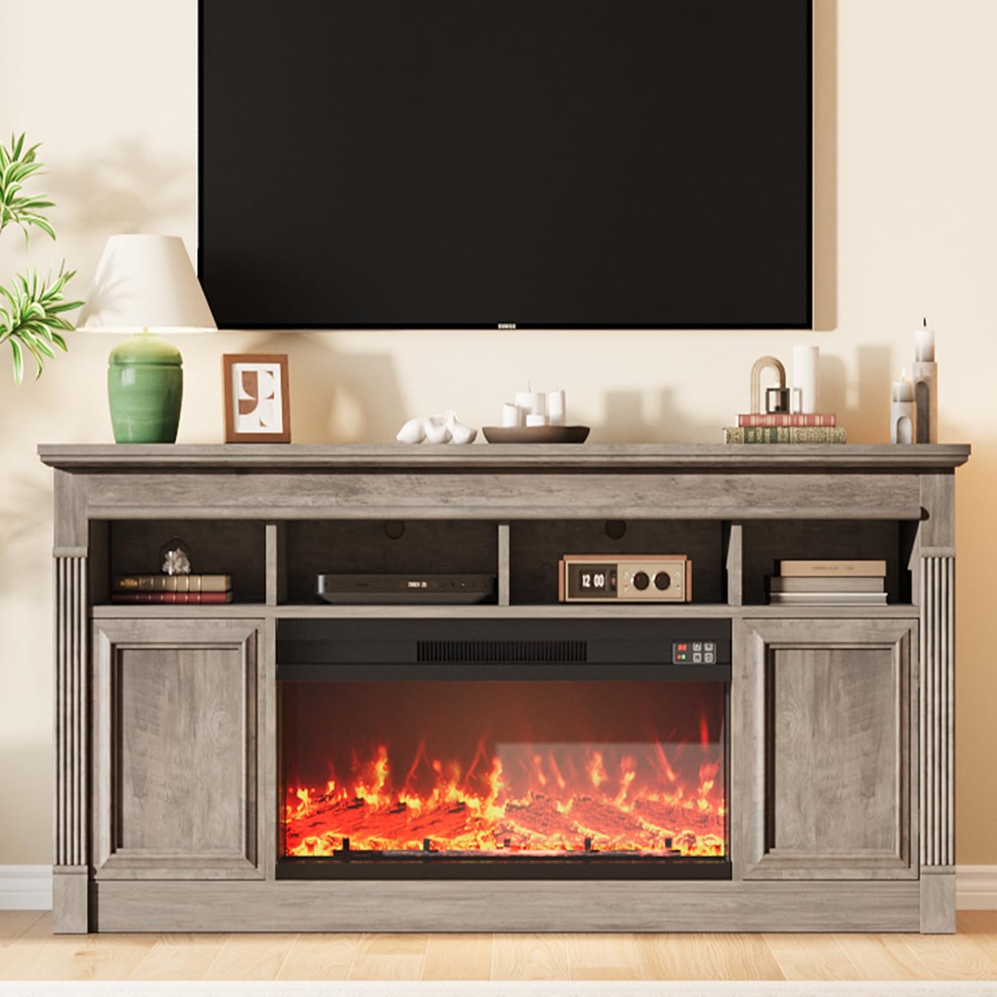GarveeHome 68" Farmhouse Electric Fireplace TV Stand for TV Up to 75", Entertainment Center with 36'' Fireplace, Console Table TV Cabinet with Open Storage Shelves for Living Room
