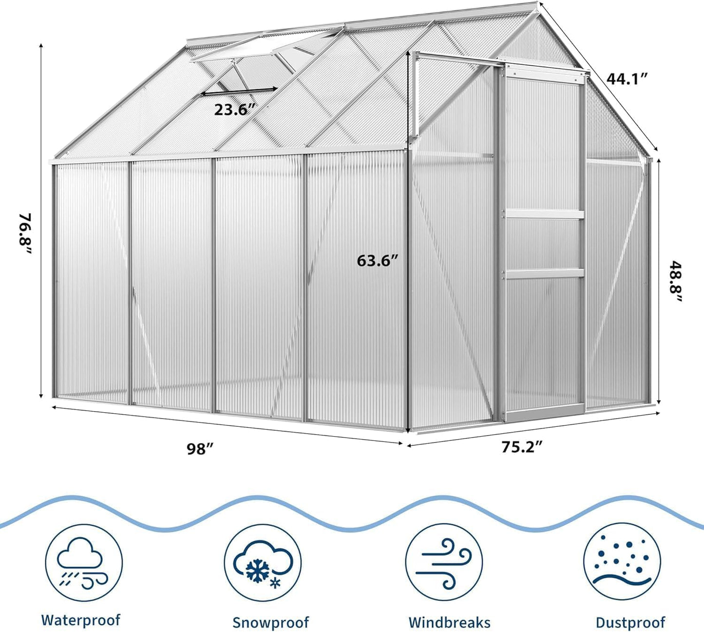 Walk-in Greenhouse 6x8 FT Aluminum Frame with Roof Vent Rain Gutter Sliding Door Perfect for Outdoor Patio Backyard Garden Apartment Balcony