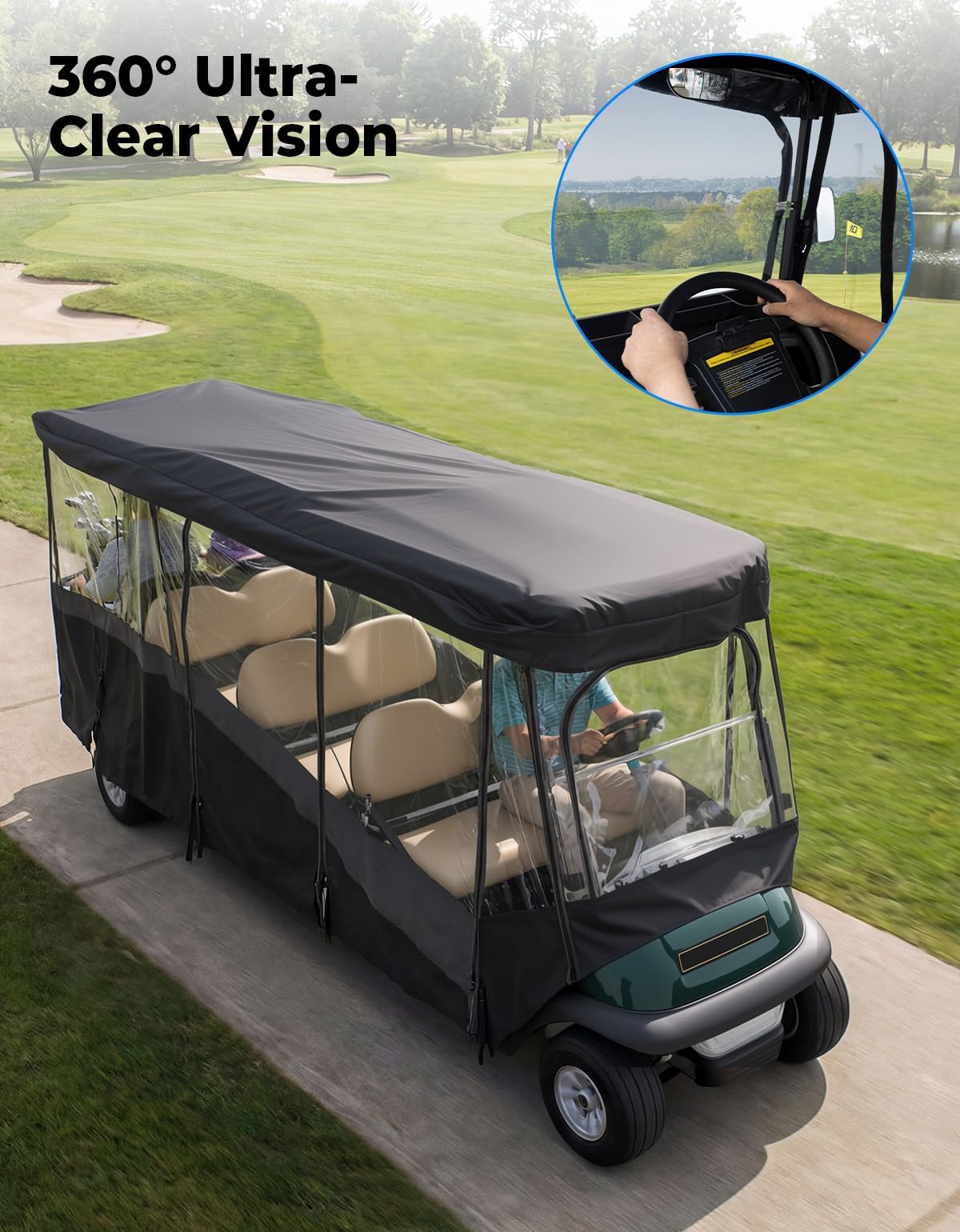 KEMIMOTO Golf Cart Enclosure 8 Seat, 600D Waterproof Golf Cart 8 Passenger Enclosure with Clear Windshield Compatible with Club Car Villager, Concierge