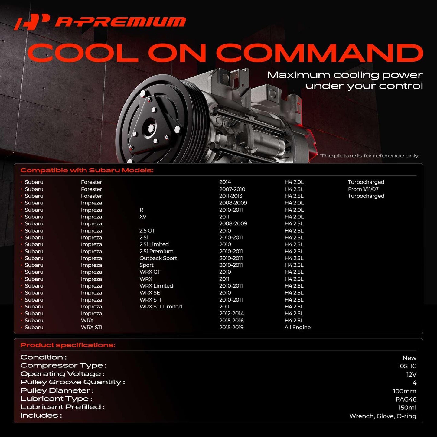 A-Premium Air Conditioner AC Compressor with Clutch Compatible with Subaru Forester 2007-2013 2.5L, Forester 2014 2.0L, Impreza 2008-2011 2.0L, Impreza 2008-2014, WRX 2015-2016, WRX STI 2015-2019